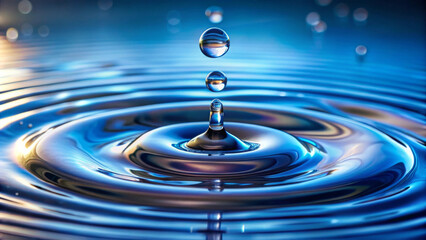 A close up view of water droplets creating ripples in serene blue environment, showcasing beauty and tranquility of nature. reflections and patterns evoke sense of calmness and peace