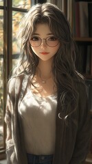 Sticker - Anime girl with long gray hair, glasses, and a white top in a sunny room