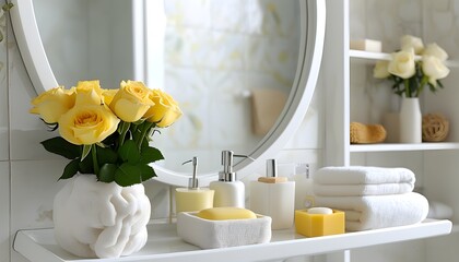 Elegant white bathroom interior adorned with soft light, reflective mirror, stylish towel, soap dispenser, and fresh yellow roses on a pristine shelf