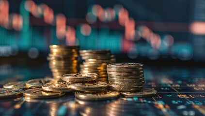 Stack of gold coins with a trading graph, symbolizing financial investment