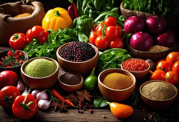 Wall Mural - colorful ingredients displayed organized layout fun inviting cooking experience, adventure, vibrant, vegetables, fruits, spices, herbs, selection, variety