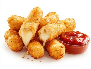 Delicious mozzarella sticks, perfectly golden and crispy, served with a side of rich marinara sauce for dipping, white background