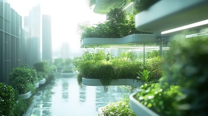  Vertical garden on futuristic building balcony, incorporating nature into modern cityscape. Lush greenery emphasizes sustainability and urban biodiversity in concrete environments.