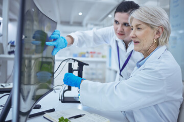 Aufkleber - Mature scientist, teamwork and medical research in chemistry lab, science experiment and pathology. Female people, technology and results for pharmaceutical test, analysis or mpox vaccine in clinic