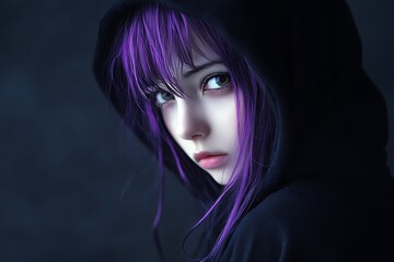 Canvas Print - Purple haired anime girl with hood portrait, digital art