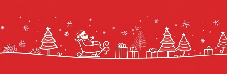 Wall Mural - Minimalistic Christmas Card Background in Red Featuring White Outline of Christmas Trees, Presents, and Santa Claus in Sleigh