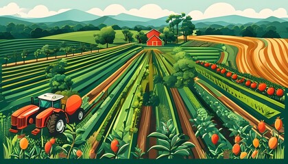 Wall Mural - Stylized agricultural logo featuring flat design elements representing farm land and crops