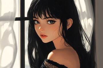 Canvas Print - Anime girl with black hair and green eyes looking at camera. Digital art portrait.