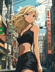 Canvas Print - Anime girl with blonde hair and green eyes walking in a city street. Digital illustration of a beautiful woman.