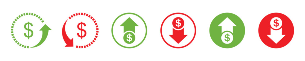 Dollar price up and down icon line style. Dollar coin graph up and down. Money cost arrow growth, decline. Currency investment. Up and down dollar arrow icon in flat design. Vector icon.