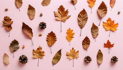 Wall Mural - Whimsical Autumn Elegance with Dried Leaves on Soft Pink Canvas