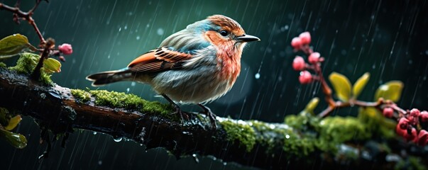 Poster - A Small Bird Perched on a Branch in the Rain