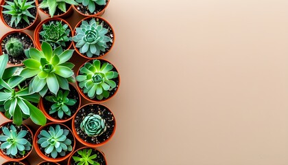 Wall Mural - Charming Succulent Collection in Pots Against a Soft Beige Backdrop