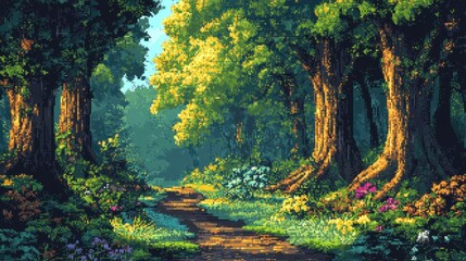 Wall Mural - A Pixelated Forest Path Leading Through a Lush Green Canopy