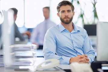 Office, businessman and portrait with computer for online information, page update and research. Career, male web designer and thinking with digital for application progress, download and review