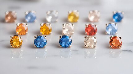 A row of colorful gemstones are displayed on a white surface