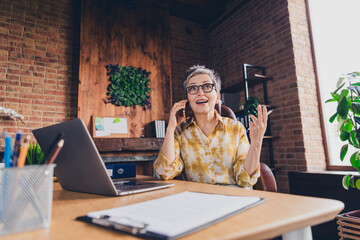 Wall Mural - Photo of attractive retired woman netbook talk phone amazed wear formalwear comfortable modern office loft room interior indoors workspace