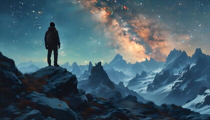 Wall Mural - Lone figure on rocky peak gazing at mesmerizing starry night sky and the Milky Way