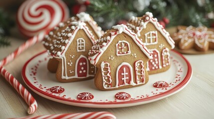 Wall Mural - Gingerbread cookies shaped like houses, decorated with red and white icing, sitting on a festive plate surrounded by candy canes.