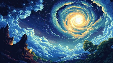 Poster - Pixelated Night Sky with a Glowing Spiral Vortex