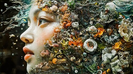 Wall Mural - Woman Transformed into a Coral Reef: A Surreal Underwater Dream