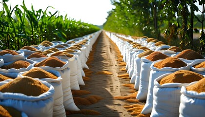 Wall Mural - Orderly agricultural scene of white grain bags neatly arranged along a sandy pathway