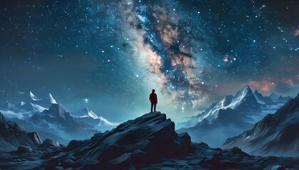 Wall Mural - Lone figure on rocky peak gazing at mesmerizing starry night sky and the Milky Way