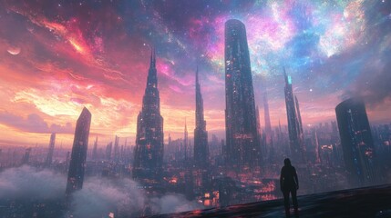 Wall Mural - A lone figure stands on a platform overlooking a futuristic cityscape with a vibrant, starry sky.