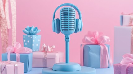 Wall Mural - A blue microphone with headphones stands on a table with a pink and blue background and surrounded by wrapped gifts.