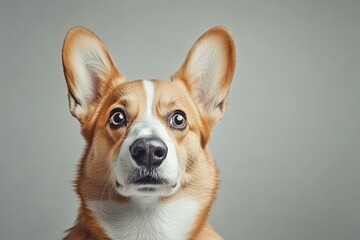 Corgi dog with shocked eyes on grey background