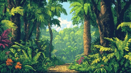 Poster - A pixelated jungle scene with a path leading into the dense foliage