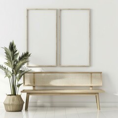 Minimalist interior design with a wooden bench and two blank frames on a white wall. Perfect for showcasing your artwork or product designs.