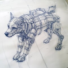 Wall Mural - A detailed pen and ink drawing of a robotic dog.