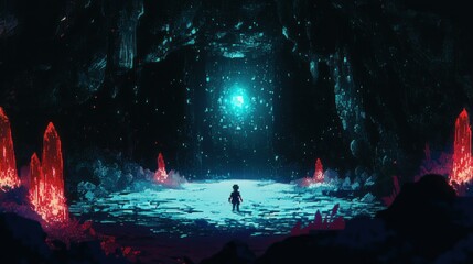 Wall Mural - A Silhouette of a Person Standing in a Glitchy Digital Cave with a Bright Blue Light Source