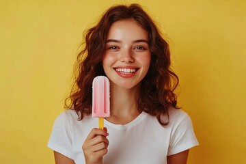 Wall Mural - Portrait of beautiful young woman eating delicious ice cream