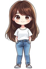 Poster - Cute cartoon girl with brown hair and big eyes in casual clothes