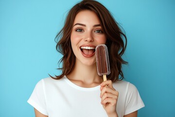 Wall Mural - Portrait of beautiful young woman eating delicious ice cream