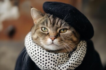 This cat dons a black beret and a polka dot scarf, showcasing a chic look while resting indoors in a relaxed afternoon setting