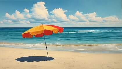 Wall Mural - Vibrant beach umbrella resting on golden sand beside the sparkling ocean waves