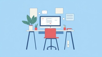 Canvas Print - Minimalist Illustration of a Desk with a Computer and Plants