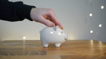 Close up of hand holding a pink piggy bank on wooden table. Macro shot of people hand holding piggy bank with white background. Photography for finance and savings concept. Financial security. AIG51.