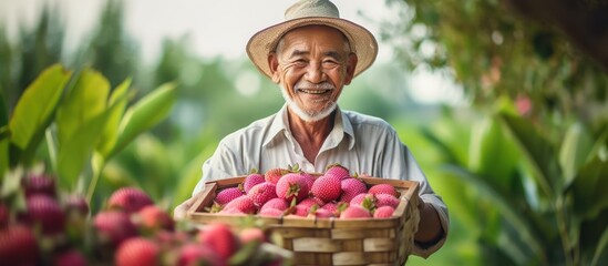 Smiling Farmer Holding a Basket of Fresh Fruit