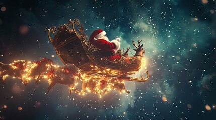 Wall Mural - Santa Claus riding a sleigh through the night sky, with reindeer pulling and glowing Christmas lights below.