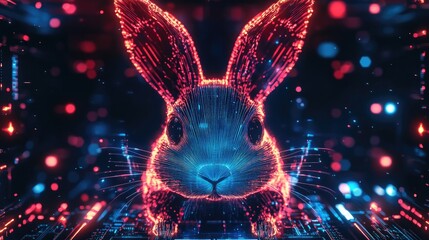 A glowing neon rabbit with abstract particles and bokeh.