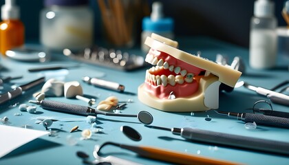 Intricate workspace showcasing dental models and tools, highlighting the meticulous preparation essential for quality dental care