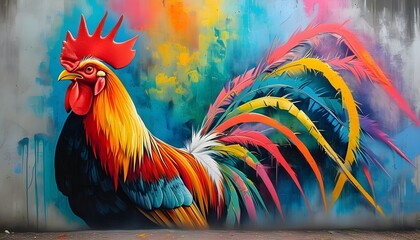 Vibrant rooster mural on a richly textured background