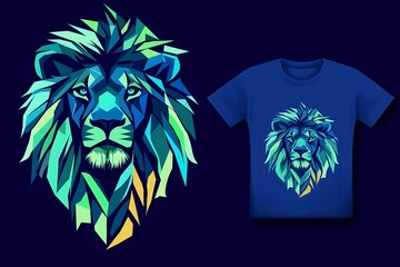 Geometric Lion T Shirt Design, Blue and Green Color Palette