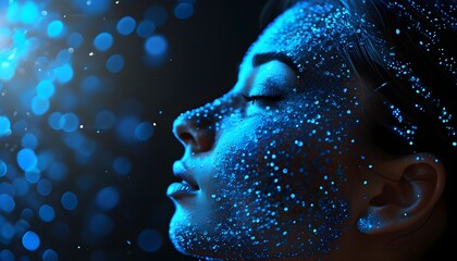 Sparkling Blue Particle Silhouette of a Woman on Dark Background