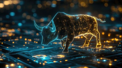 A glowing digital bull stands on a circuit board, representing the power of technology in the stock market.