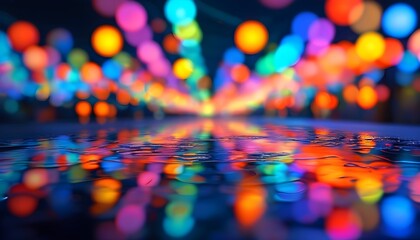 Wall Mural - Enchanting nocturnal landscape with vibrant bokeh lights and shimmering reflections enhancing visual depth